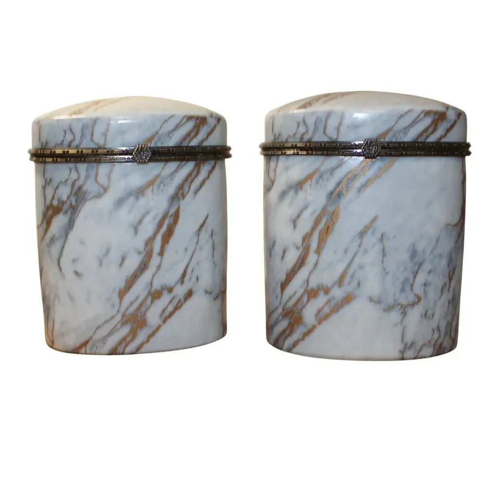 2 Three Hands Marble-Look Ceramic Jars w/Metal Trim Decorative Storage Container
